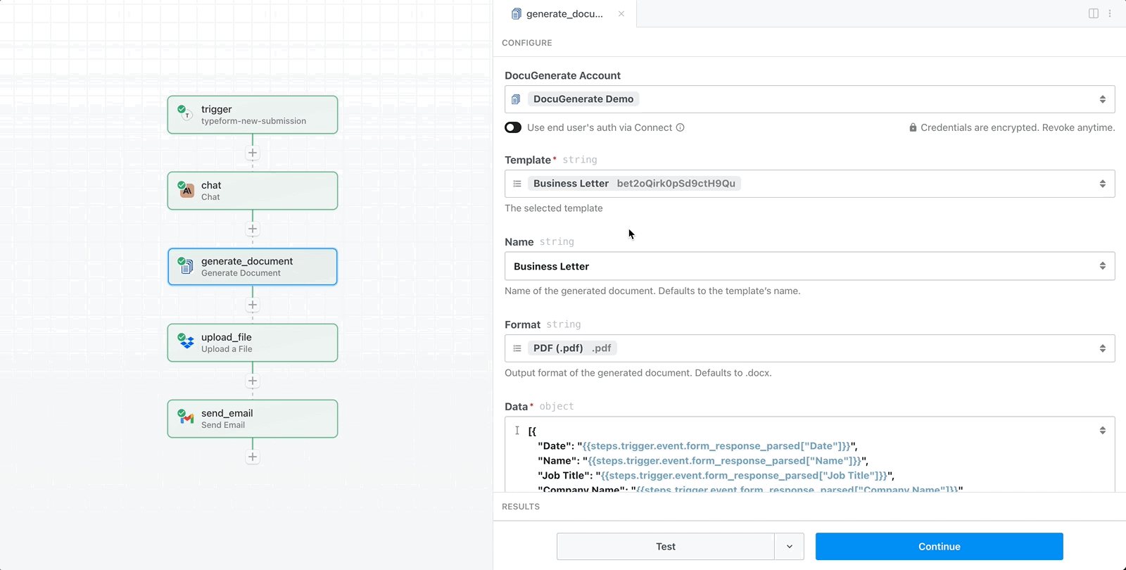 Pipedream scenario that generates a document based on a Typeform submission, uploads it to Dropbox and sends it by email to the recipient