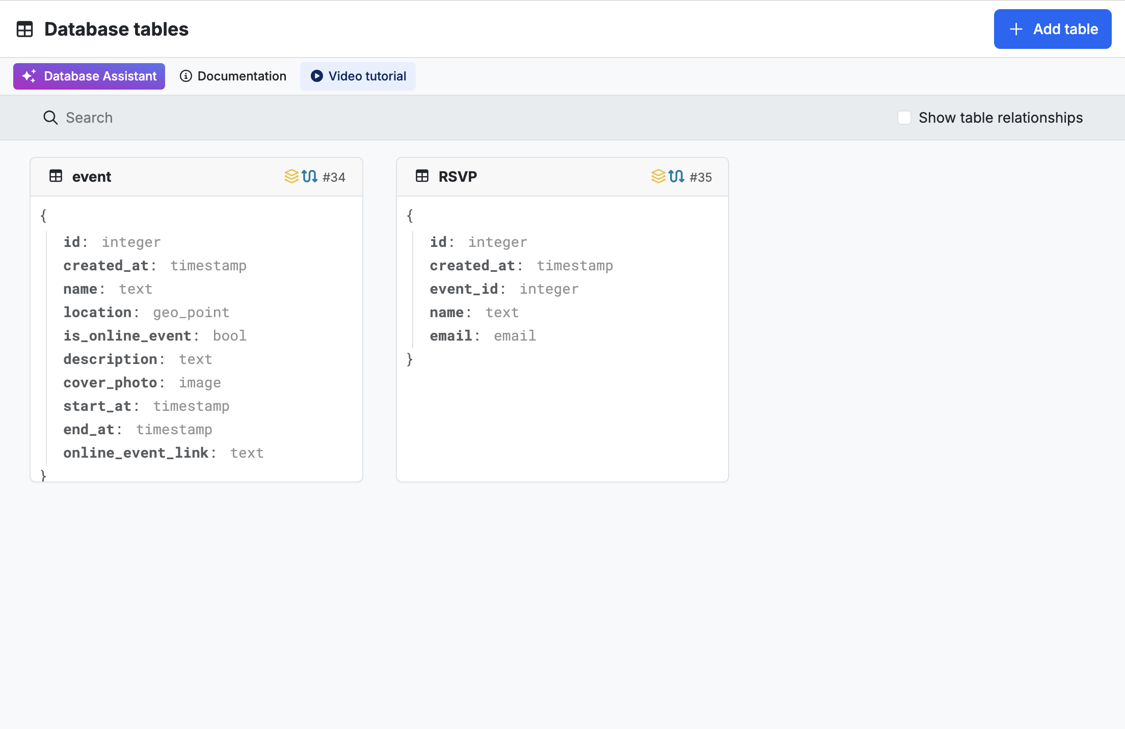 The Events database tables