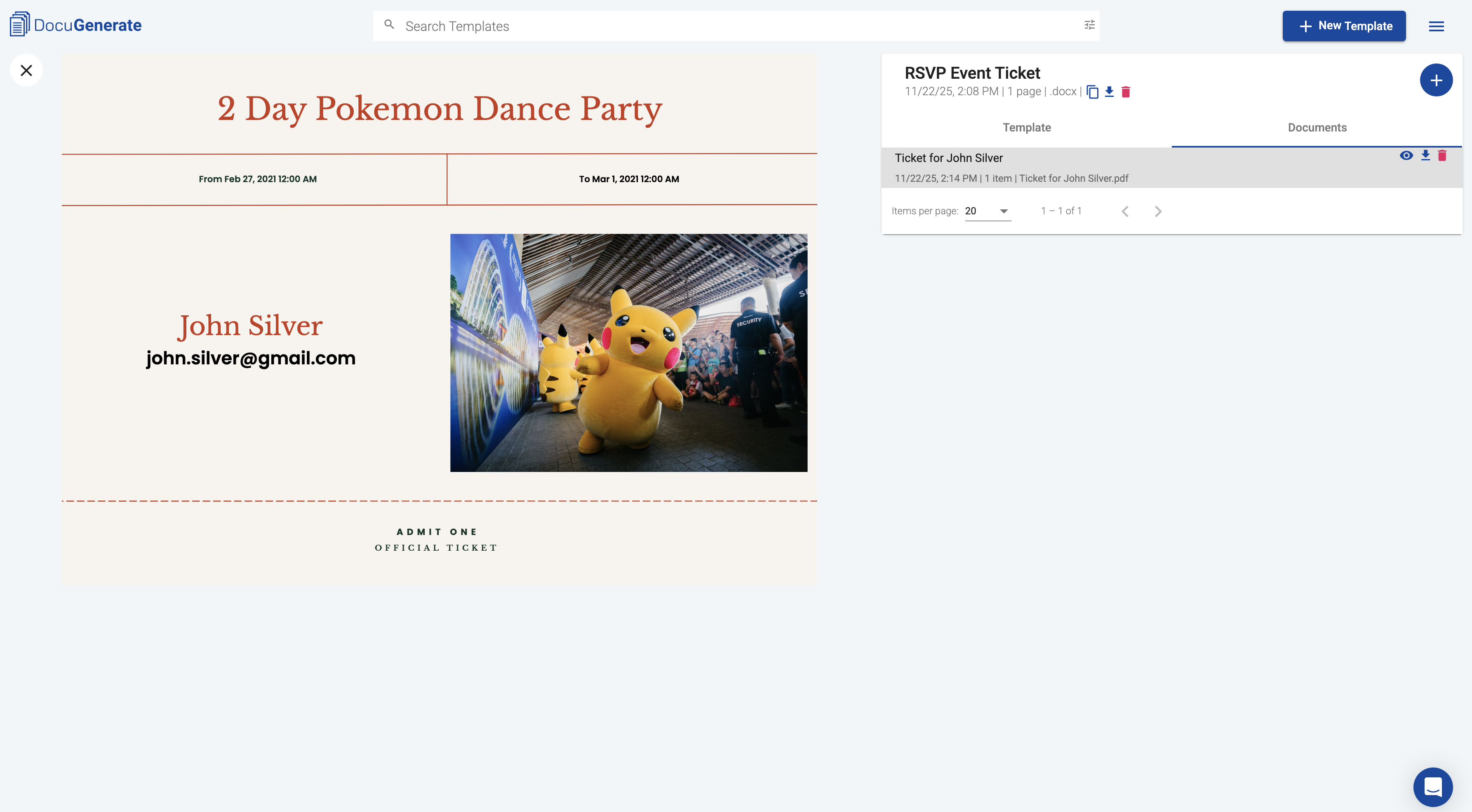 Generated document "Ticket for John Silver.pdf" in DocuGenerate