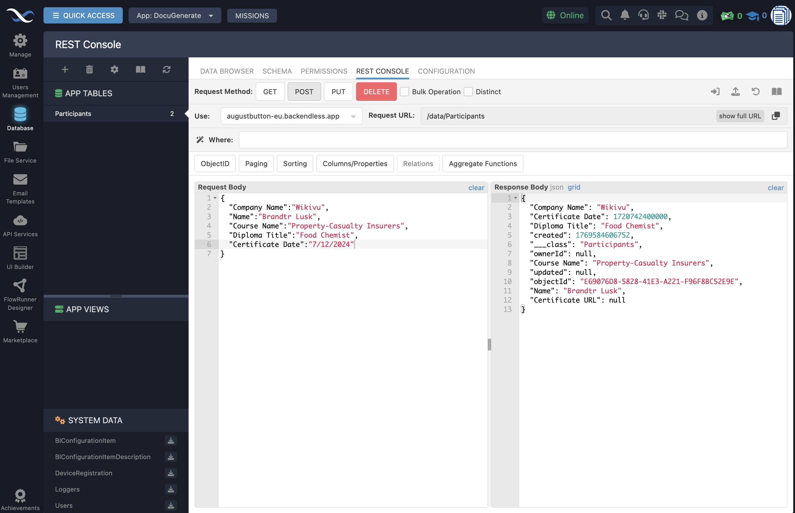 Testing the flow with the REST Console